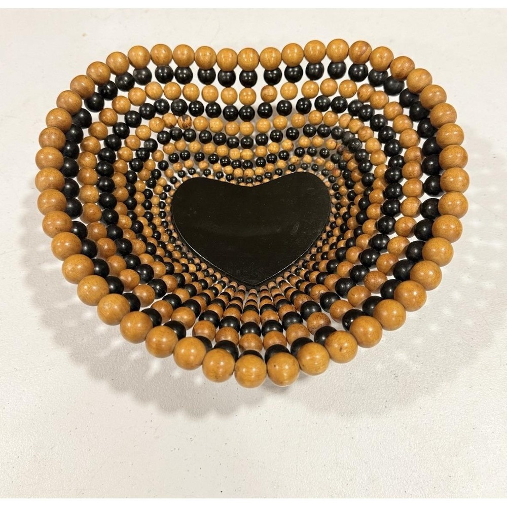 VTG Wood Bead Basket Fruit Bowl Beaded Catch All 10" Heart Black & Tan
